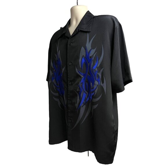Dragonfly Mens Vintage Rockabilly Black Blue Embroidered Flames Button Up Shirt - Picture 3 of 8